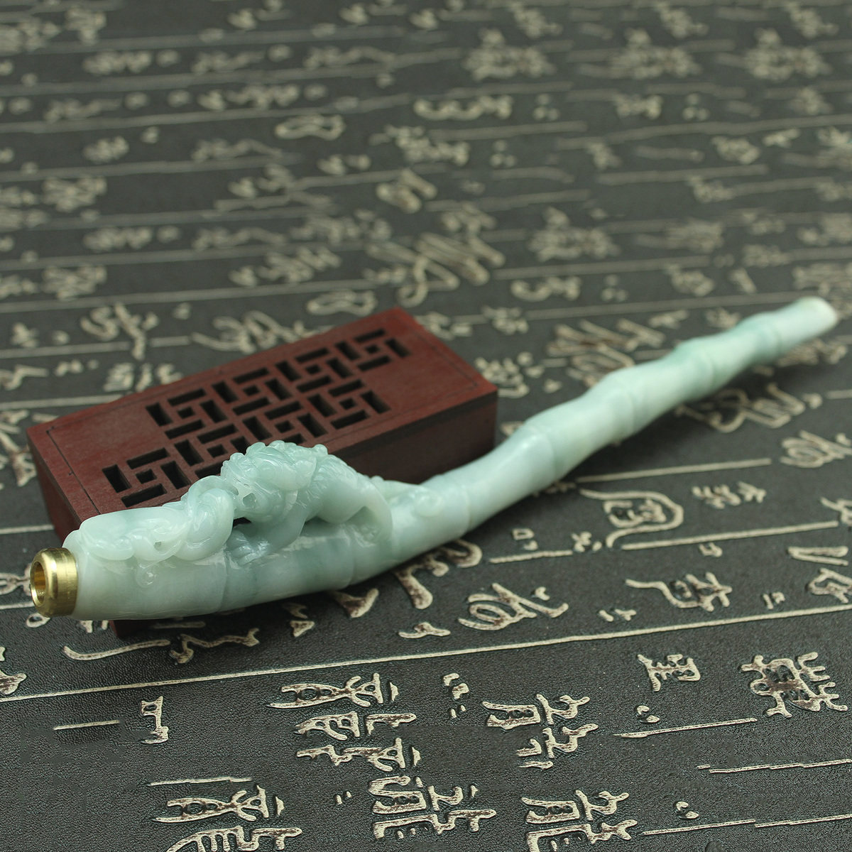 特价 缅甸天然翡翠A货玉器 糯种飘花如意貔貅竹节过滤长烟嘴 包邮