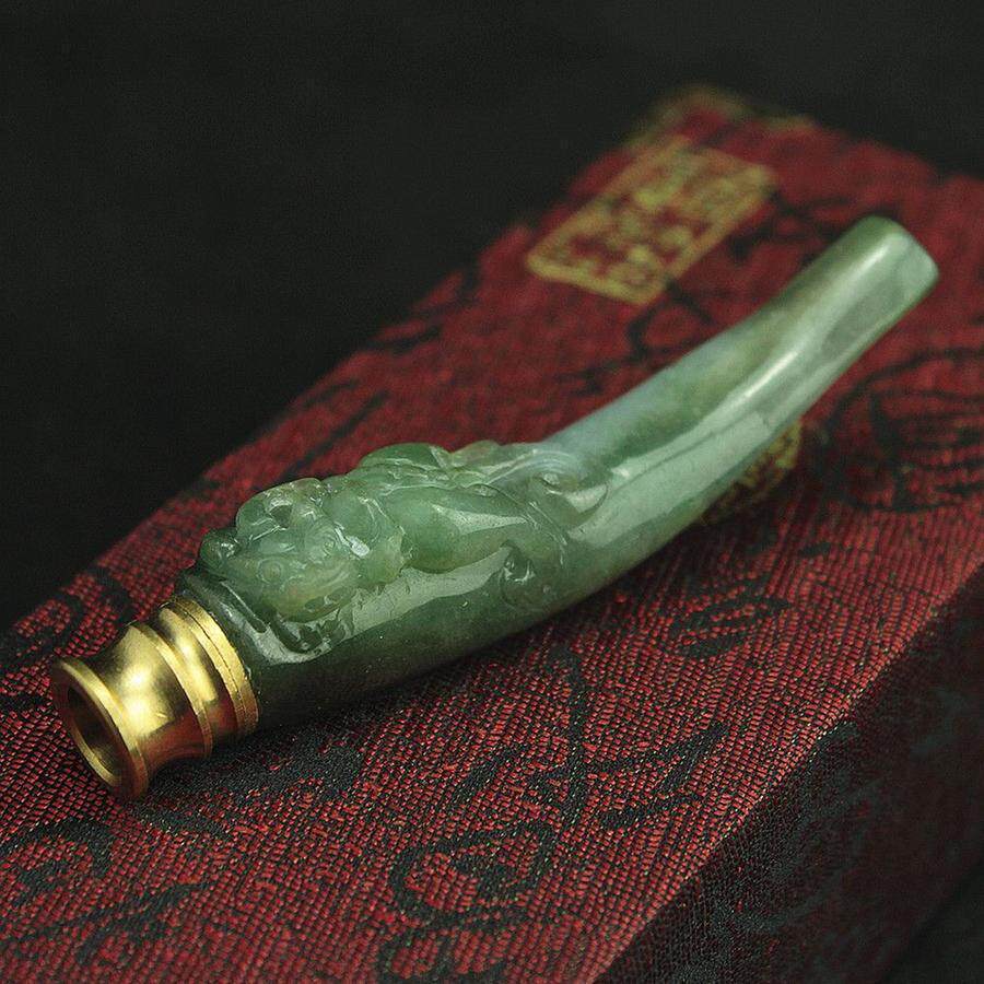 特价 天然缅甸翡翠a货玉器 糯种油青螭龙草龙翡翠烟嘴带滤嘴 包邮
