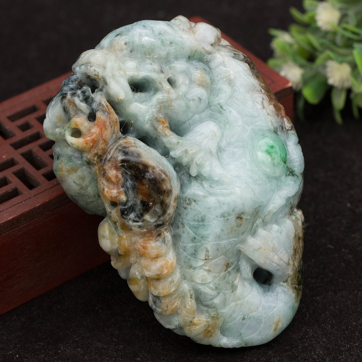 工厂直销 缅甸天然翡翠A货玉器 糯种红翡飘绿鸱吻龙头鱼把件 包邮