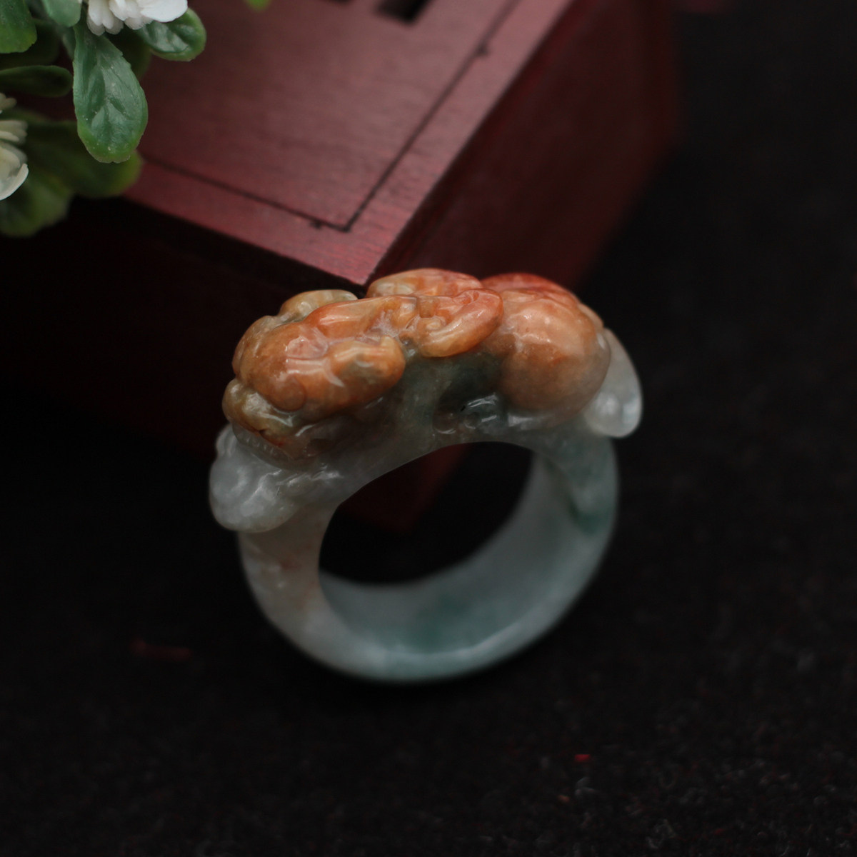 19mm 缅甸天然翡翠a货玉器 冰糯种红翡飘绿如意螭龙草龙戒指 包邮