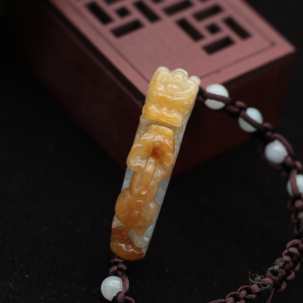 特价 缅甸天然翡翠a货玉器 冰糯种黄翡螭龙龙勾草龙手牌手链 包邮