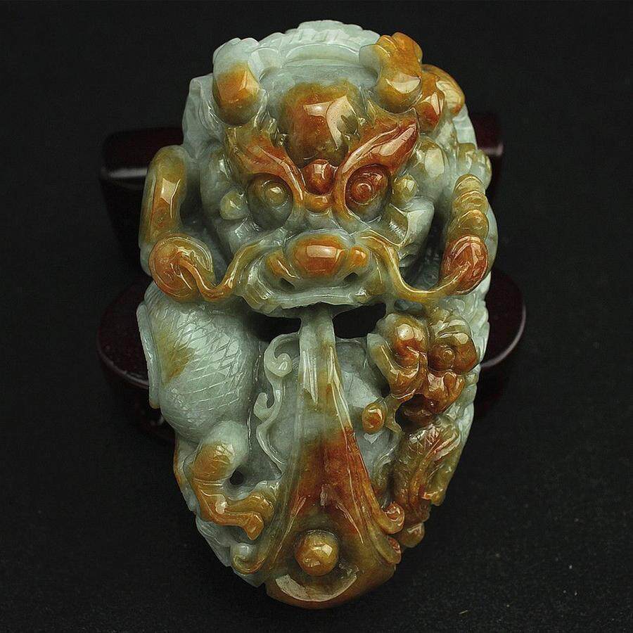 特价 缅甸天然翡翠a货玉器 老坑糯种红翡双龙戏珠把件玩件 包邮