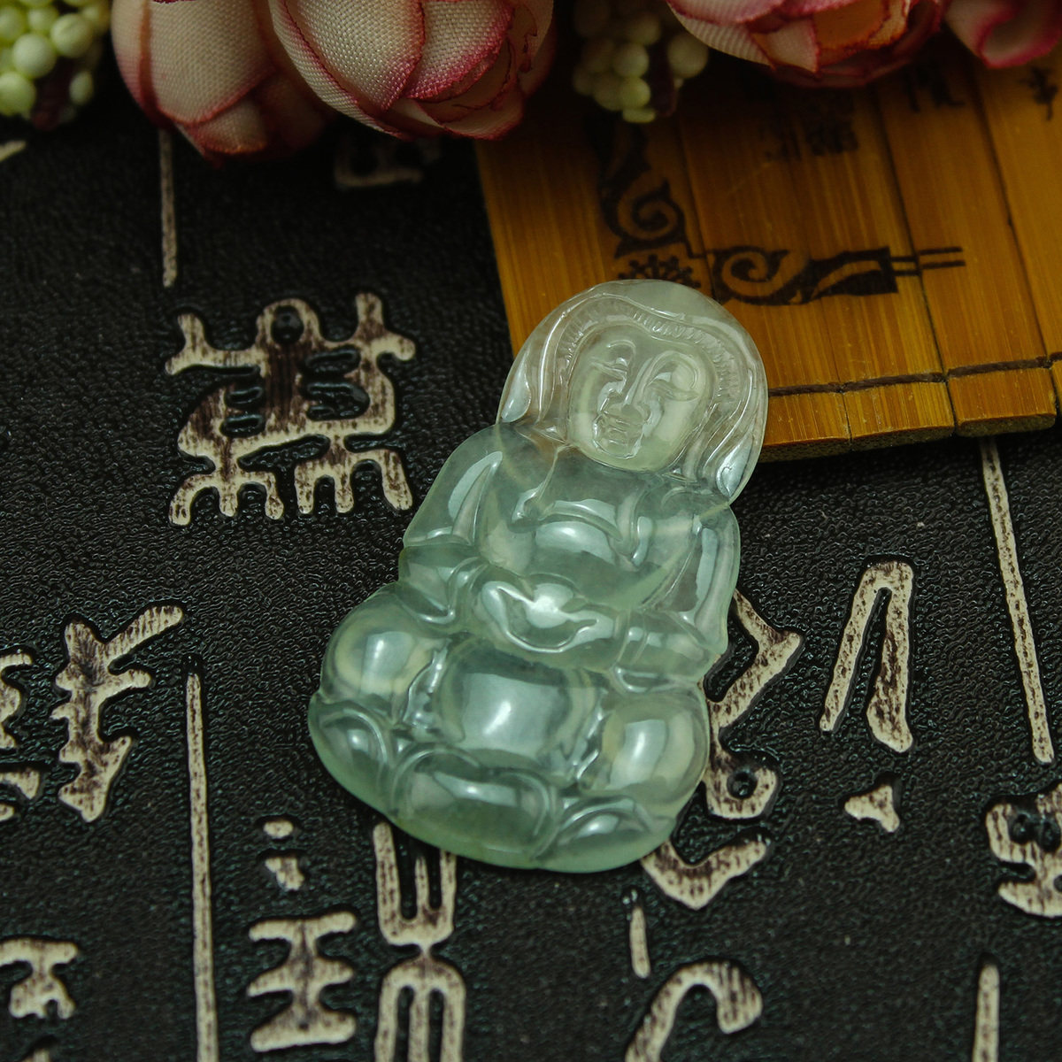 缅甸天然翡翠A货玉器 老坑冰种精雕男女款白玉观音吊坠挂件 包邮