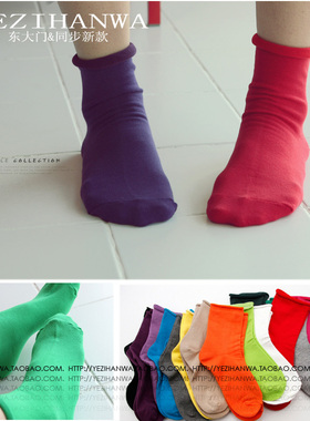 韩国纯棉袜子女短袜秋冬季卷边女袜糖果彩色纯色堆堆袜黑色袜子潮