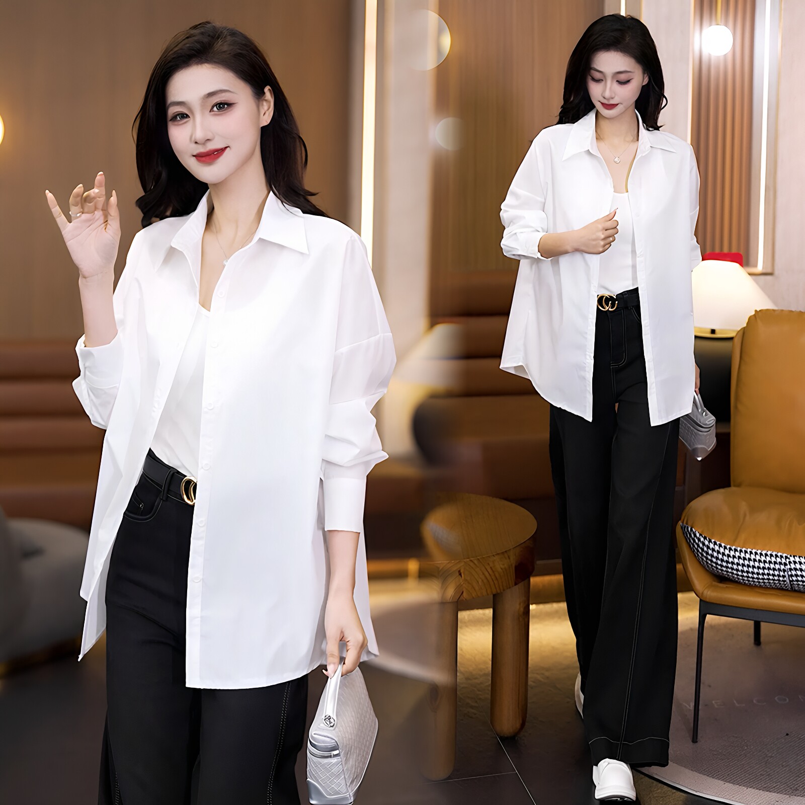 白色棉质慵懒风衬衫女中长款 大版宽松长袖衬衣 通勤休闲防晒衫