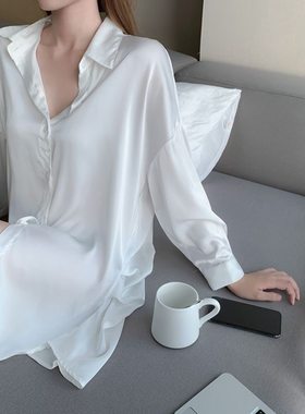 性感睡衣女白色宽松长款冰丝衬衫新款纯欲风开衫两件套睡裙家居服