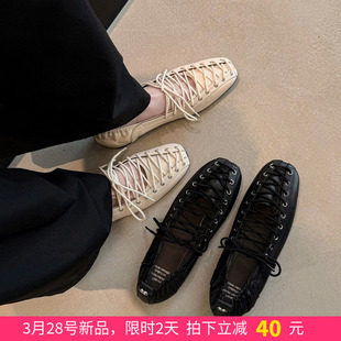 白色内增高芭蕾单鞋 lazy 黑色绑带平底玛丽珍小皮鞋 女 氛围感
