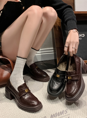 pretty。穿搭Tips · 羊皮黑色高跟小皮鞋冬粗跟乐福鞋棕色单鞋女