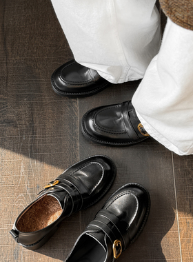 Versatile。轻奢· 牛皮羊羔毛加绒乐福鞋黑色小皮鞋冬平底单鞋女