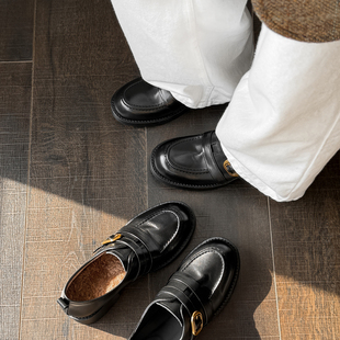 冬平底单鞋 Versatile 黑色小皮鞋 牛皮羊羔毛加绒乐福鞋 女 轻奢·