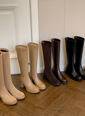 pretty。穿搭Tips · 棕色粗跟高跟长靴2025新款黑色高筒瘦瘦靴女