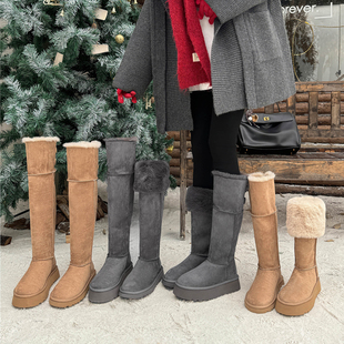 lazy。鲨鱼裤绝配 · 厚底增高过膝雪地靴灰色加绒保暖长筒棉靴女
