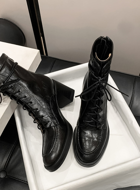 现货Tips。静音跟 · 羊皮黑色粗跟高跟马丁靴25新款冬系带短靴女