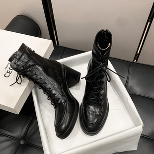 现货Tips。静音跟 · 羊皮黑色粗跟高跟马丁靴25新款冬系带短靴女