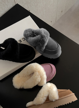 暖Slogan · 羊毛灰色厚底增高保暖毛毛拖鞋女外穿黑色加绒雪地靴