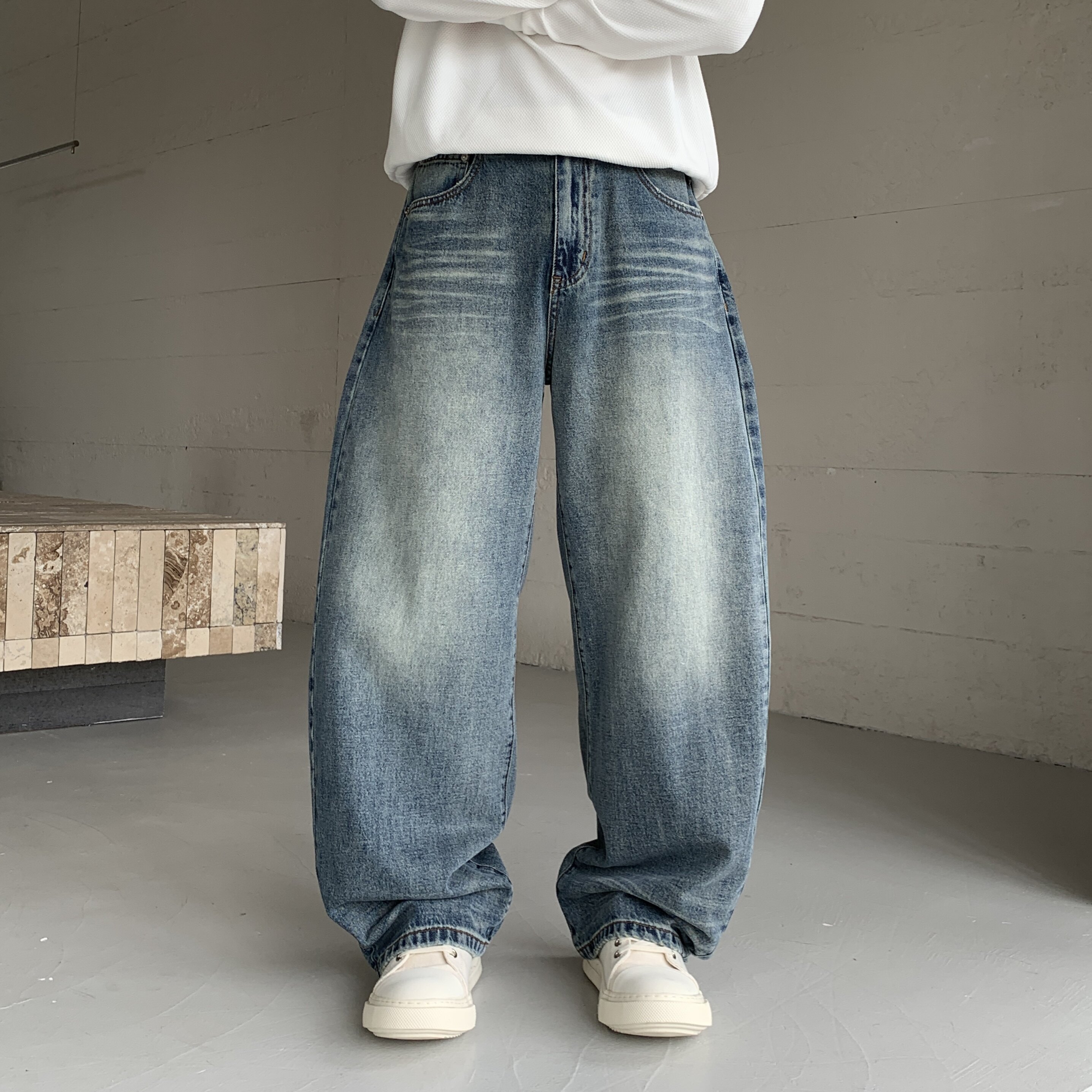 重磅弯刀显瘦男直筒做旧牛仔裤