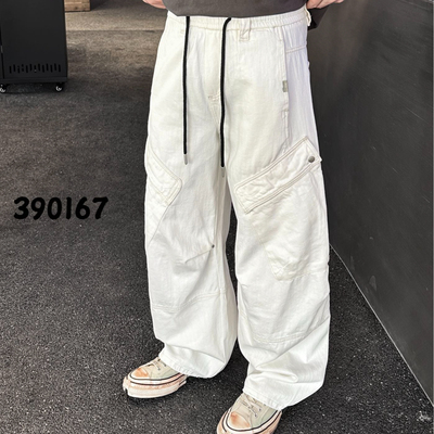 【原牛臻品】米白褶皱工装牛仔裤男 多口袋宽松束脚裤潮牌百搭休