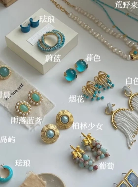 银针小清新蓝色树脂镶钻圆形耳环轻奢高级感耳钉小众森系气质耳饰