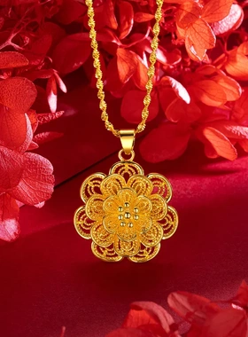 越南沙金多层镀金大花朵吊坠项链女气质款复古大花朵锁骨项链