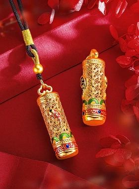 新中式国潮镂空花丝掐丝珐琅彩双面锦鲤吊坠沙金烧蓝金鱼黑绳项链