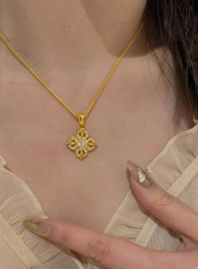 金刚杵项链镀金新中式国风四叶花复古精致时尚高级感满钻爆闪吊坠