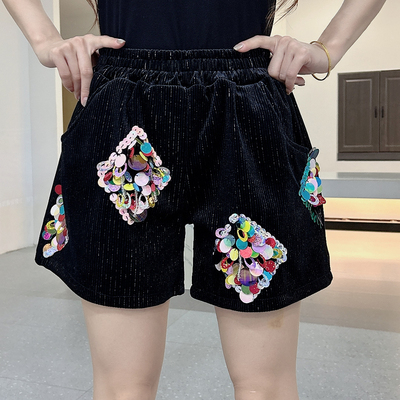 欧洲站短裤女阔腿松紧腰热裤秋冬大码A字重工亮片外穿靴裤打底子