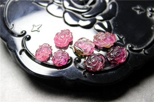 JJ5牡丹花雕件碧玺红碧玺卢比来粉红7颗宝石天然无孔戒面花朵