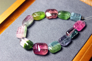 精品 糖果 随形 粉蓝 宝石 天然 手链 珠串 椭圆 手串 O16碧玺