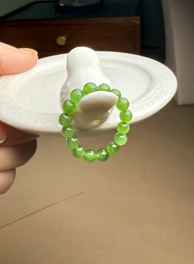 H521和田玉碧玉阳绿无黑点冰透温润戒指叠戴圆珠4mm+珍品证书