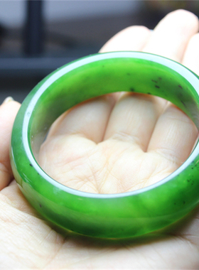 F729和田玉碧玉阳绿冰透温润手镯玉镯镯子珍品51.5小圈口证书