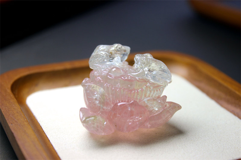 EE14老碧玺手把件摆件手工雕刻金蟾莲花双色高端礼物天然精品