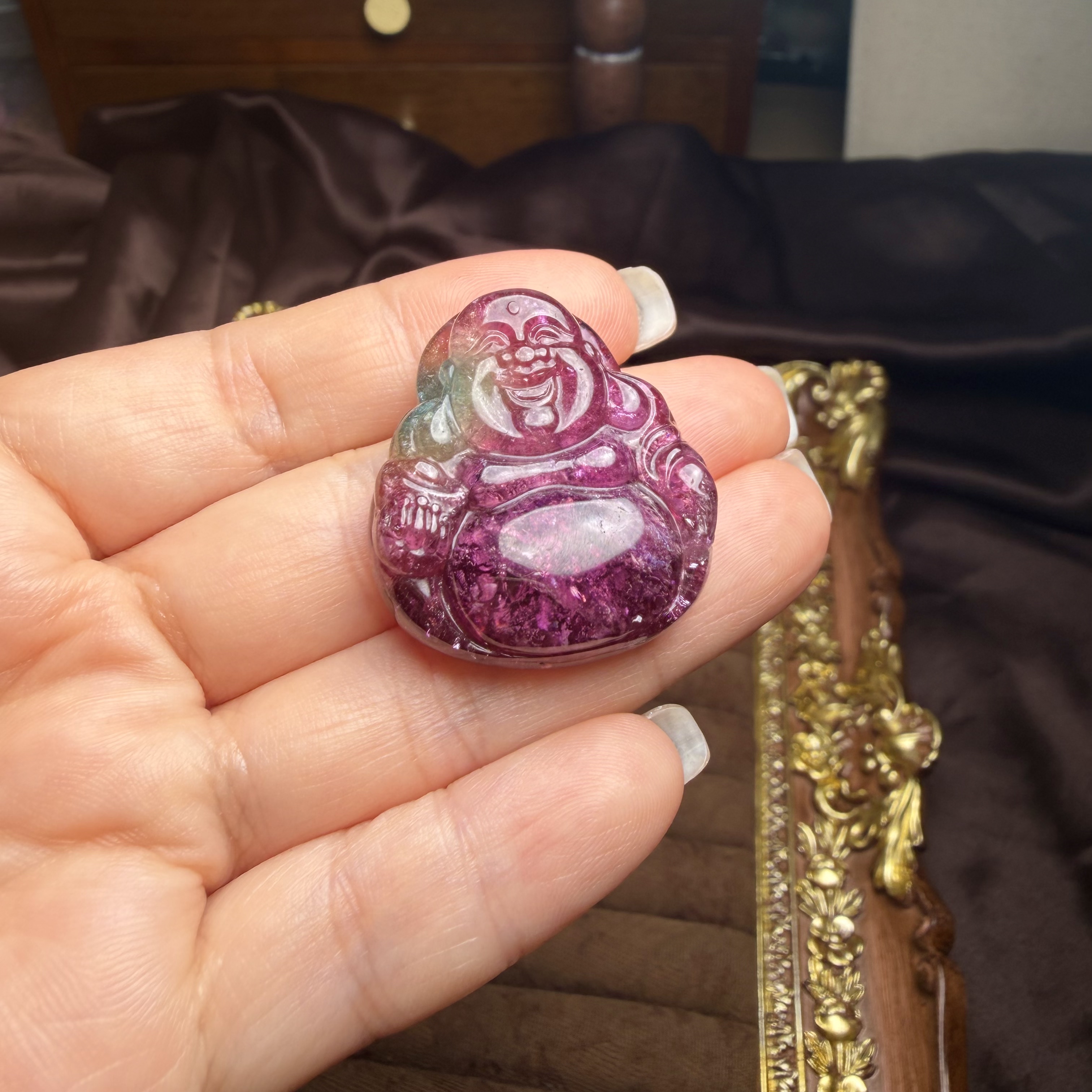J99碧玺雕件雕刻佛公笑佛大肚三色碧玺粉蓝黄精品吊坠孔稀有证书