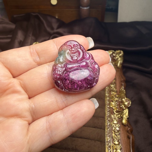 J99碧玺雕件雕刻佛公笑佛大肚三色碧玺粉蓝黄精品吊坠孔稀有证书