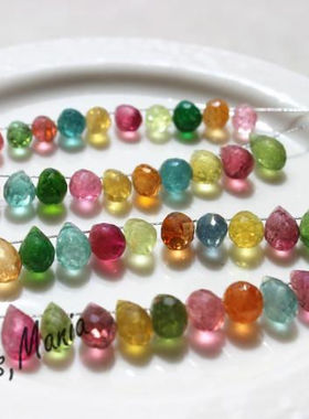 B25碧玺巴西老矿圆水滴DIY切角刻面奢华玻璃体橙色金丝雀黄蓝碧玺