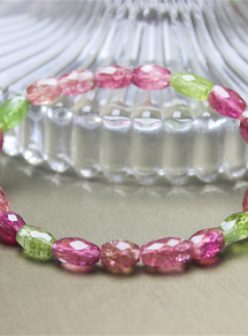 F319碧玺刻面切角桶珠宝石手链彩宝送礼粉红玻璃体天然柱形闪耀