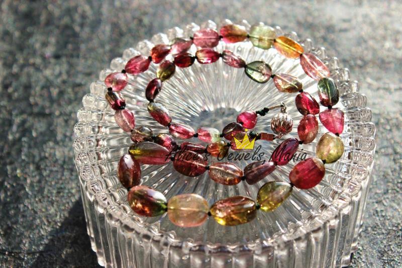 J13碧玺双色三色编织奢华天然宝石项链14K白金瓜珠旺夫光滑随形