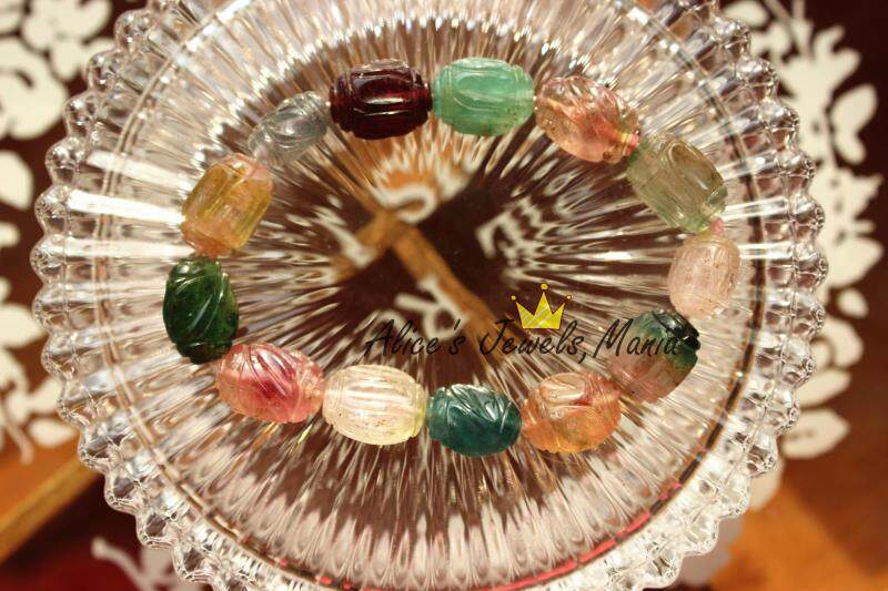 I10老碧玺双色蓝色翠绿手工雕刻手链大珠椭圆礼物爱丽丝珠宝店