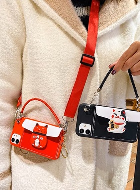 新年红色招财猫零钱包适用OPPOReno110987654se手机壳A58A1A2pro保护套A72斜挎A32A53背带A55A96卡包A8A97R17