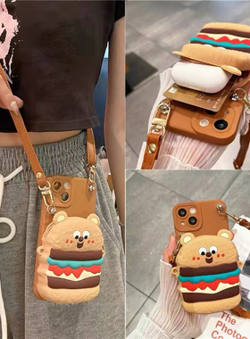 汉堡小熊零钱包适用opporeno1211手机壳reno10987654斜跨A1A2A3pro卡通A97A58A55A96A93s保护套K12可爱findx7