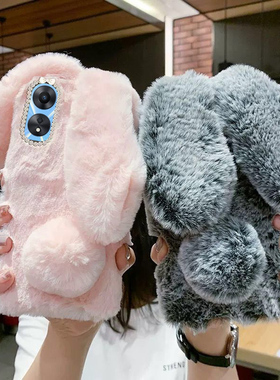 秋冬毛绒兔子耳朵适用oppoA58手机壳Reno1514131210987654保护套A72A32A53A57A96网红可爱全包A6A5X防摔软壳