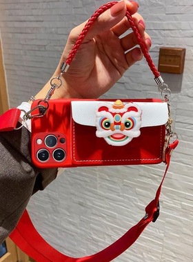 新年红色醒狮子零钱包卡包适用OPPOReno110987654se手机壳A58A1A2pro保护套A72斜挎A32A53A55A96龙年A8A97R17