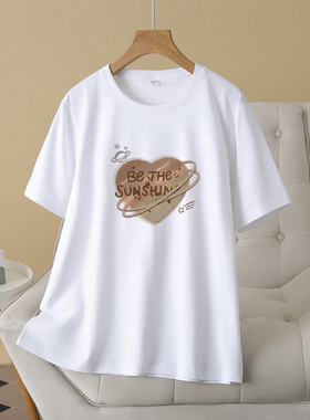 加肥加大码印花白色短袖T恤2025春夏季230斤胖mm显瘦宽松休闲上衣