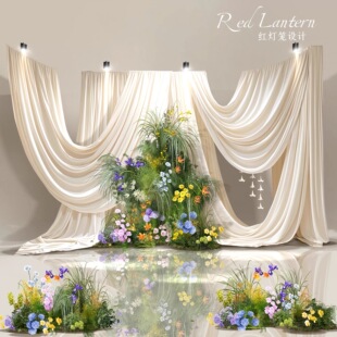 白粉绿紫黄蓝花艺素材psd米白香槟色布幔婚礼效果图素材