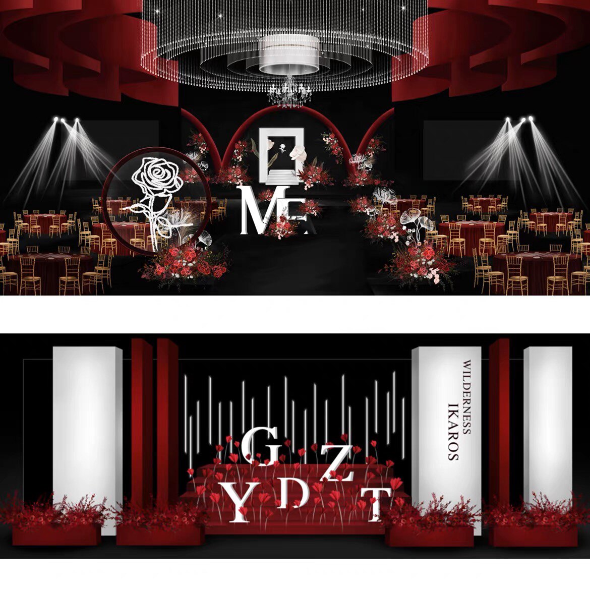 X229 红色玫瑰秀场风婚礼效果图psd源文件黑红色婚礼水晶玫瑰婚礼