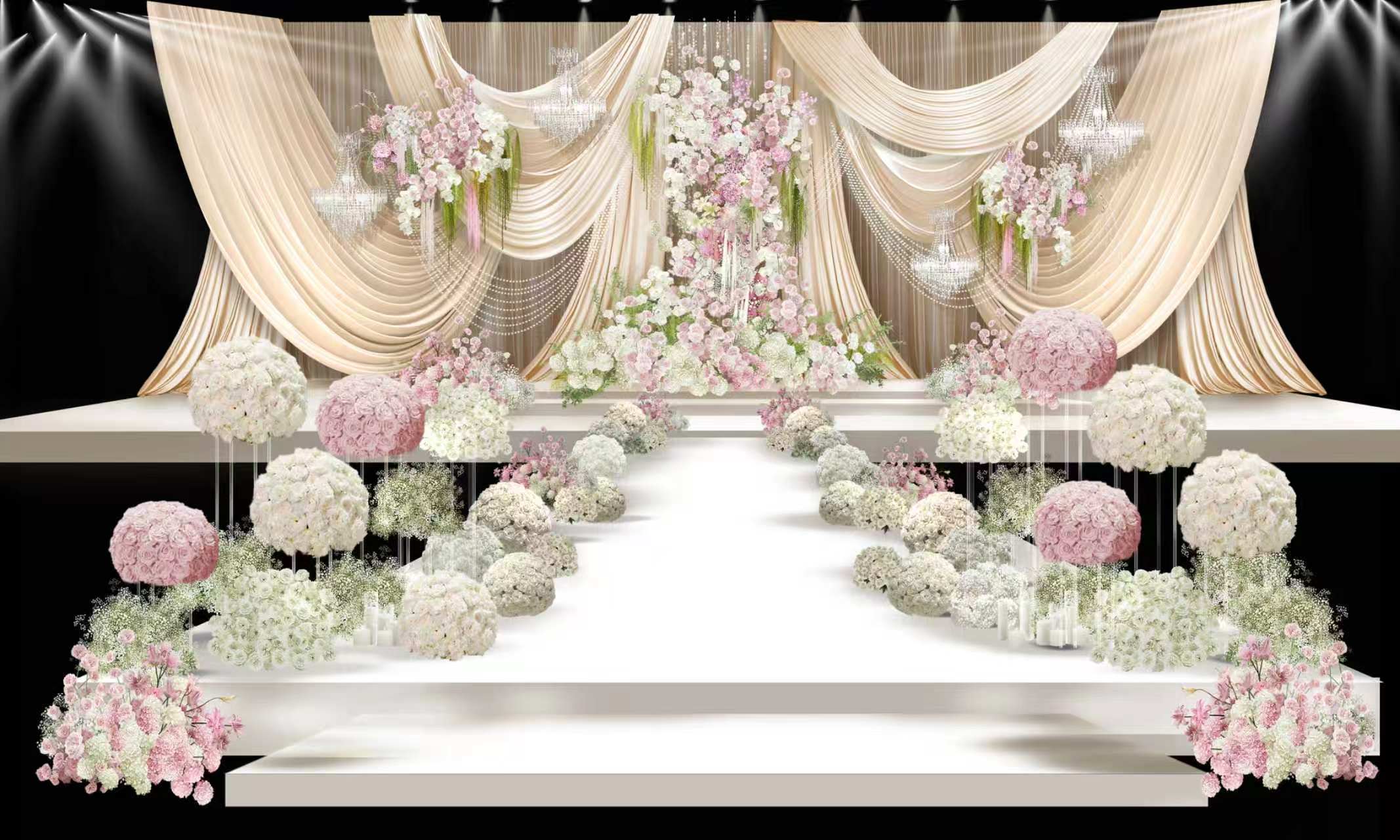 X378 韩式香槟色布幔素材香槟色褶皱花艺装饰效果图白绿粉色花艺