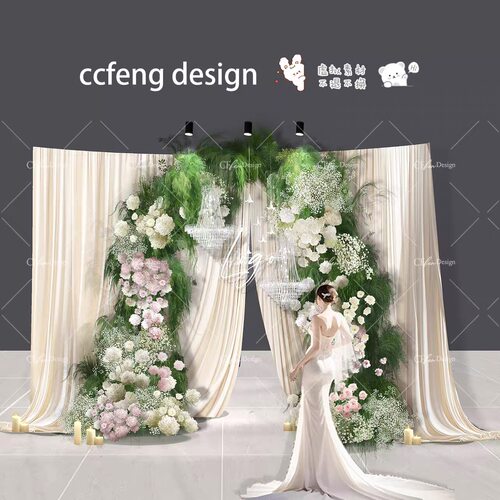 A264婚礼手绘韩式香槟布幔拱门花艺婚礼合影效果图psd文件