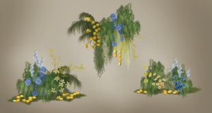 H089 黄绿蓝色系花艺柠檬水果手绘素材花材分层PSD花艺素材源文件