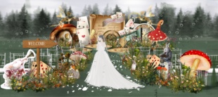 X017 小众爱丽丝梦游仙境户外婚礼效果图psd源文件爱丽丝婚礼素材