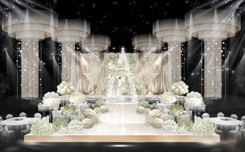 X364 韩式香槟色布艺花墙线帘高级婚礼效果图psd源文件满天星花球