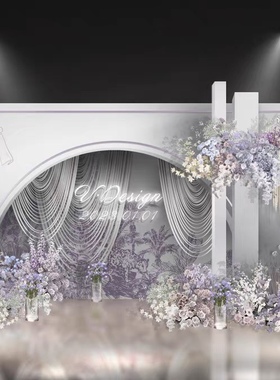 X113紫色法式婚礼效果图psd源文件行云流水婚礼布幔婚礼白色婚礼